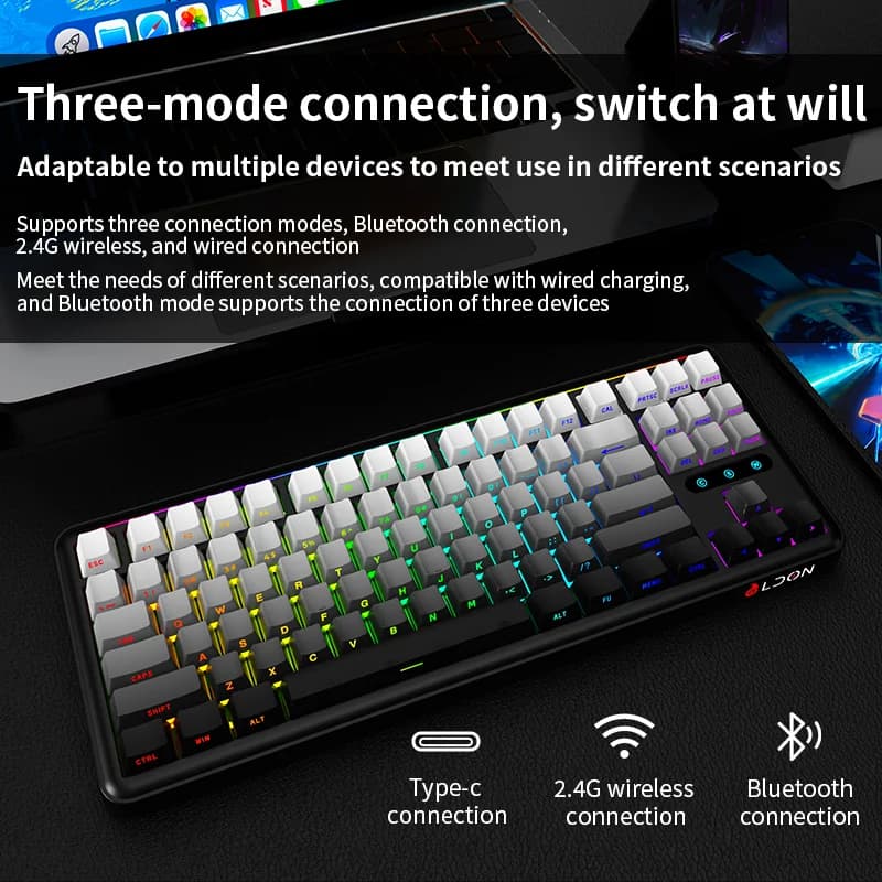 Tastiera Meccanica LDON LX87 Personalizzabile, Wireless Bluetooth per Ufficio e Gaming con Switch RGB Hot-Swappable