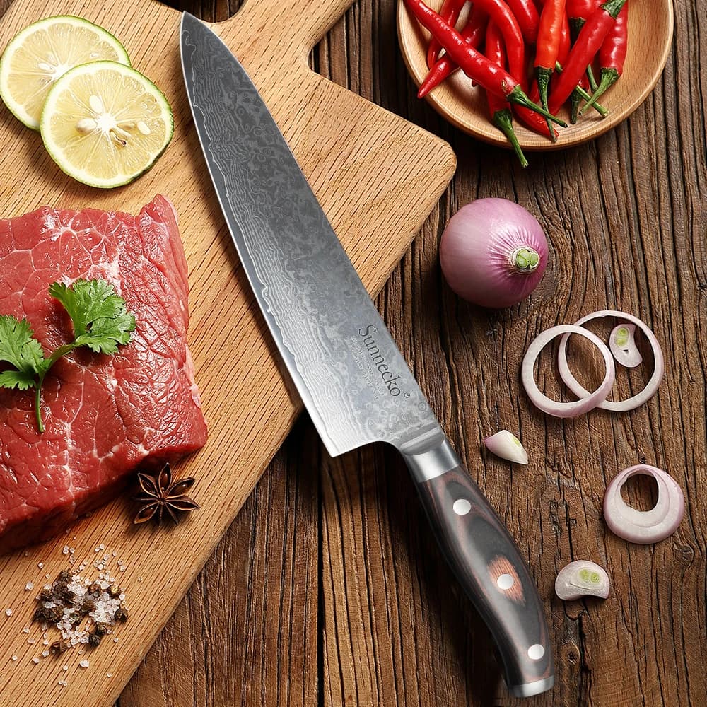 Sunnecko Damasco Coltello da chef 8 pollici Ultra Sharp VG10 Lama con nucleo tagliato Coltello da cucina giapponese Coltello da taglio per carne Manico in legno pakkawood