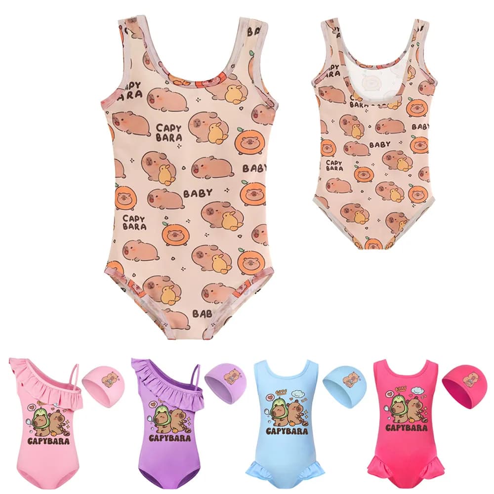 Adorable Capybara Print Swimsuit Sets for Kids Summer One-Piece Swimming Suits Cap Baby Capybara Bathing Beach Bikini Suits