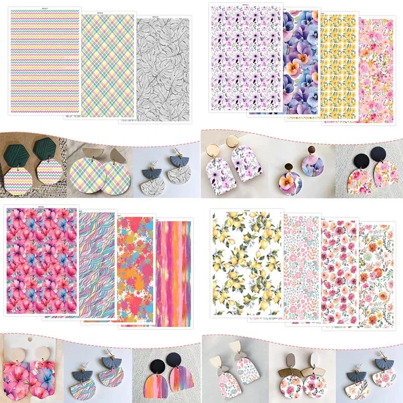 DIY Earring Jewelry Pottery Transfer Stickers - Colorful Flower Plant Watercolor Patterns for Polymer Clay Making