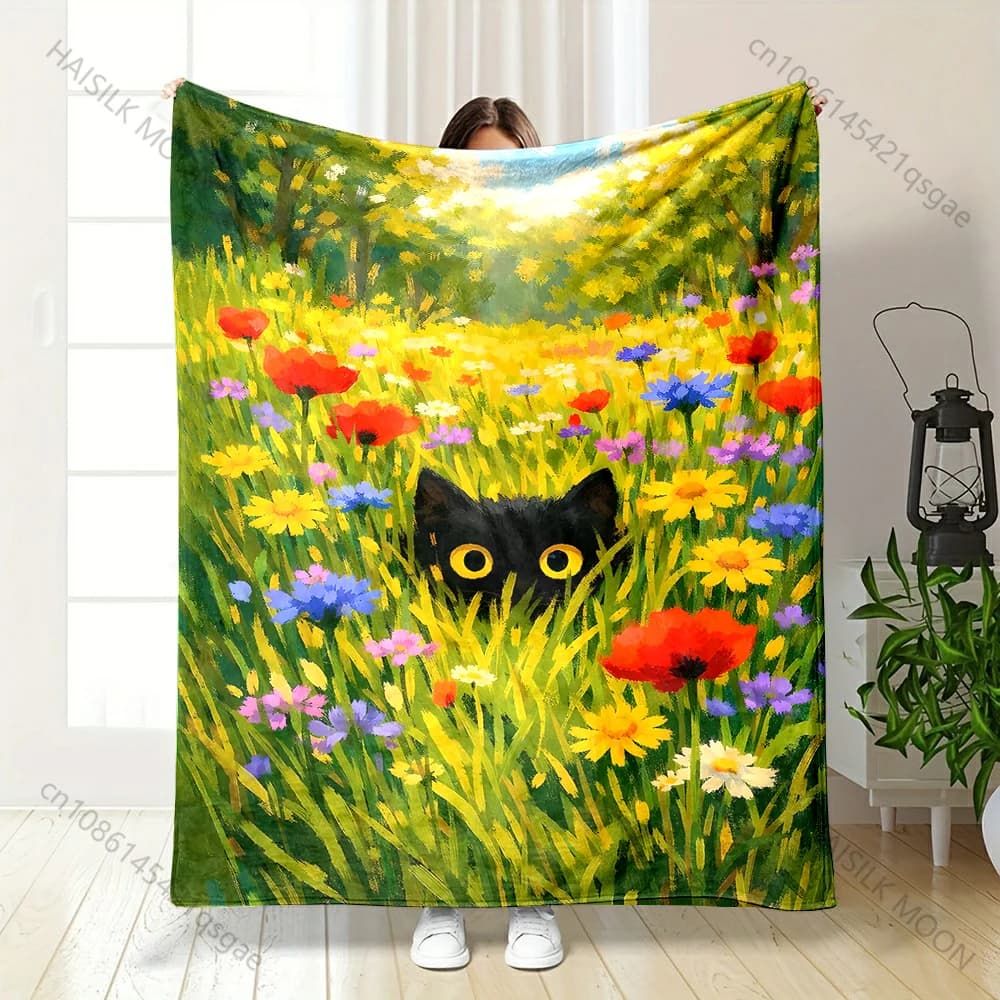 Coperta con stampa di gatto nero che si nasconde in un prato di fiori selvatici, calda, morbida e soffice, per bambini e adulti, per divano letto, viaggi all'aperto, campeggio, camper