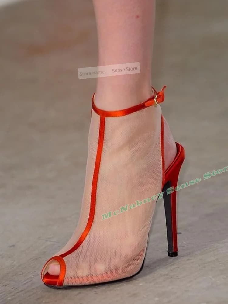 Mesh Hollow Peep Toe Sandals Summer Women Pumps Thin High Heels Buckles Straps Solid Sandals Designer Shoes Party Casual Colors