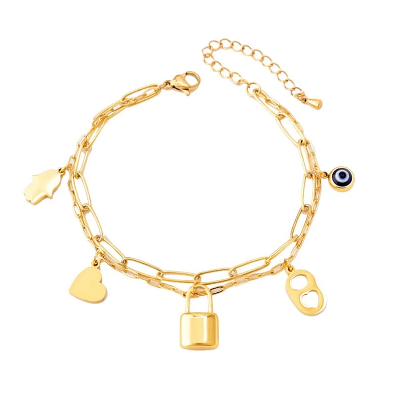 Acciaio inossidabile 316L New Fashion Fine Jewelry 2 Laye Multi-element Love Heart Lock Eye Palm Charm bracciale a catena spessa per le donne
