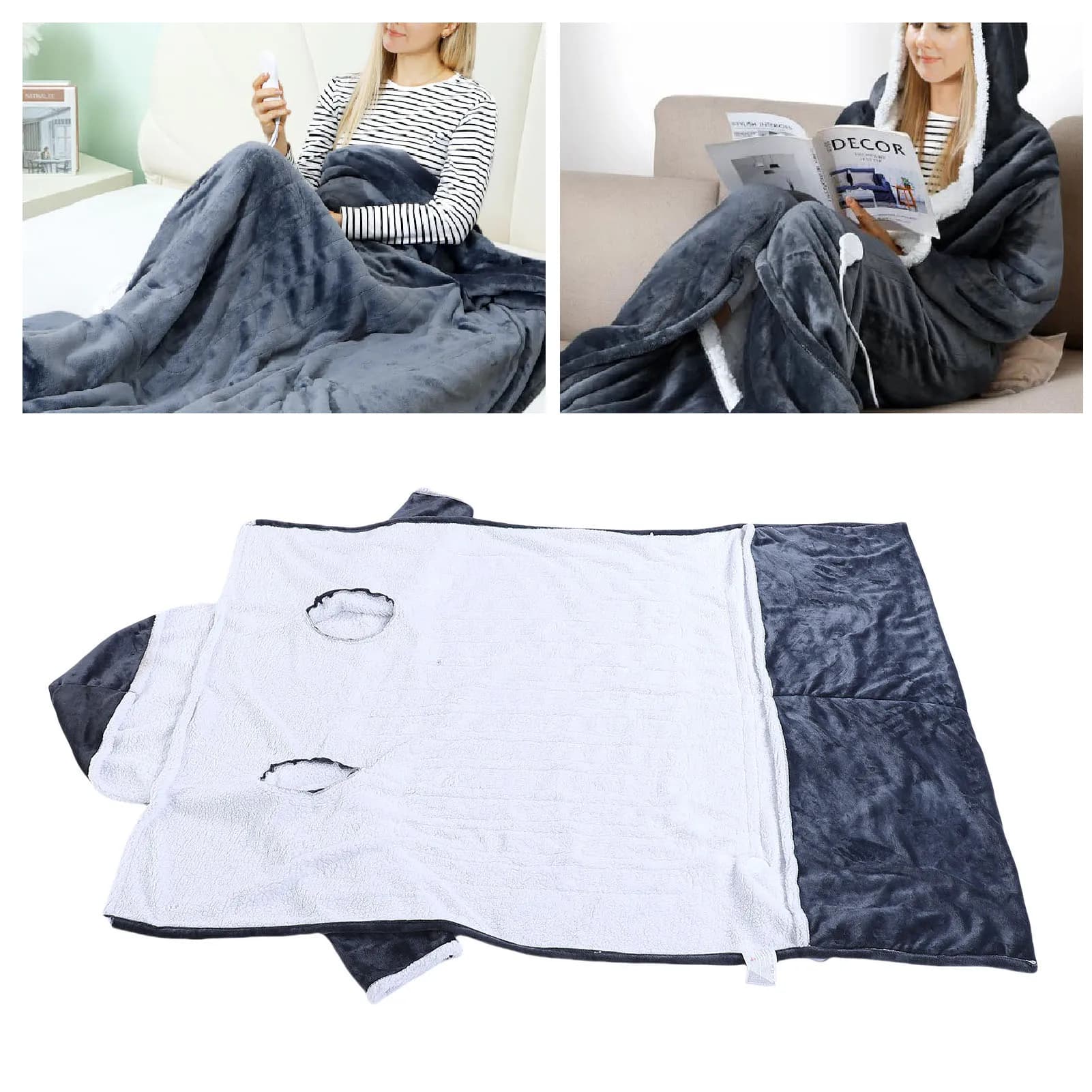 【Caldo】 Coperta elettrica indossabile da 50x70 pollici con maniche Cappuccio e tasca per i piedi in flanella 10 livelli di riscaldamento con 3 impostazioni di tempo