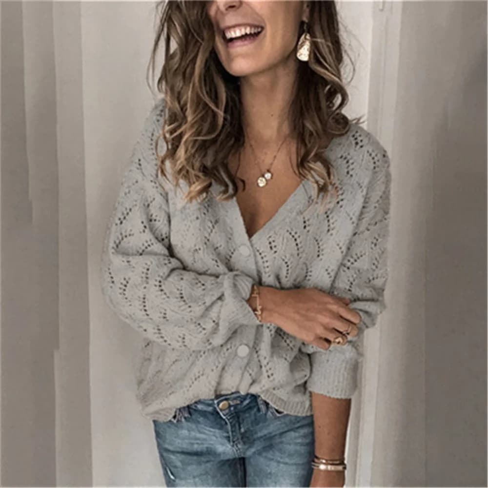 2024 Summer Fashion Hook Hollow scollo a v manica lunga monopetto Cardigan lavorato a maglia in Cashmere donna
