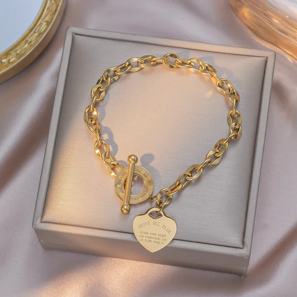 Catena a maglie con ciondolo a forma di cuore con chiusura a ginocchiera OT – Eleganti gioielli con bracciale da donna in acciaio inossidabile