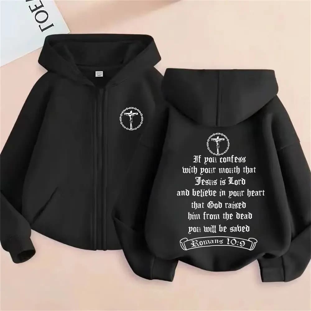Christian Cross Jesus If You Confess Bible Verse Zip Up Jacket Men Hip Hop Gothic Streetwear Unisex Oversized Zipper Hoodie Coat
