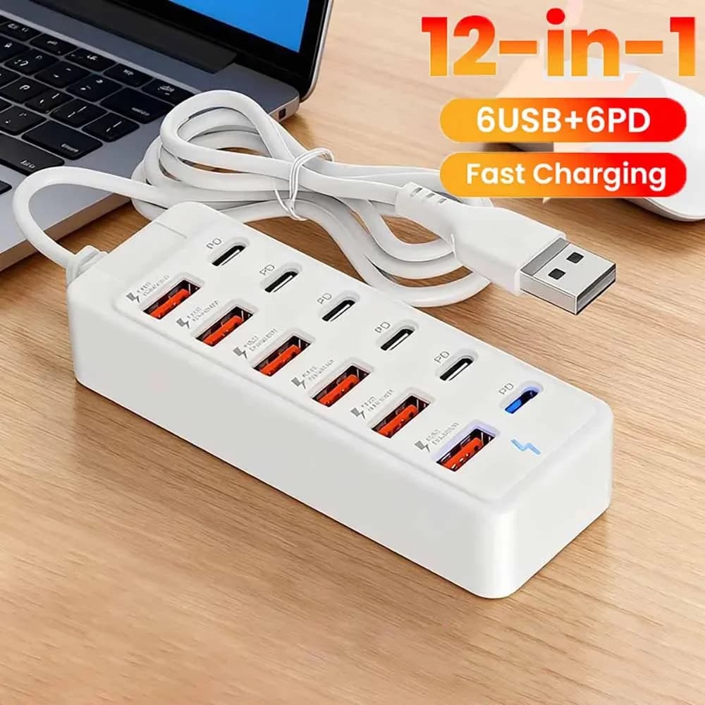 Multipresa da scrivania 12 in 1 con caricatore USB super veloce, stazione di ricarica, presa con cavo di ricarica rapida da 1 m, adattatore USB HUB per casa e ufficio