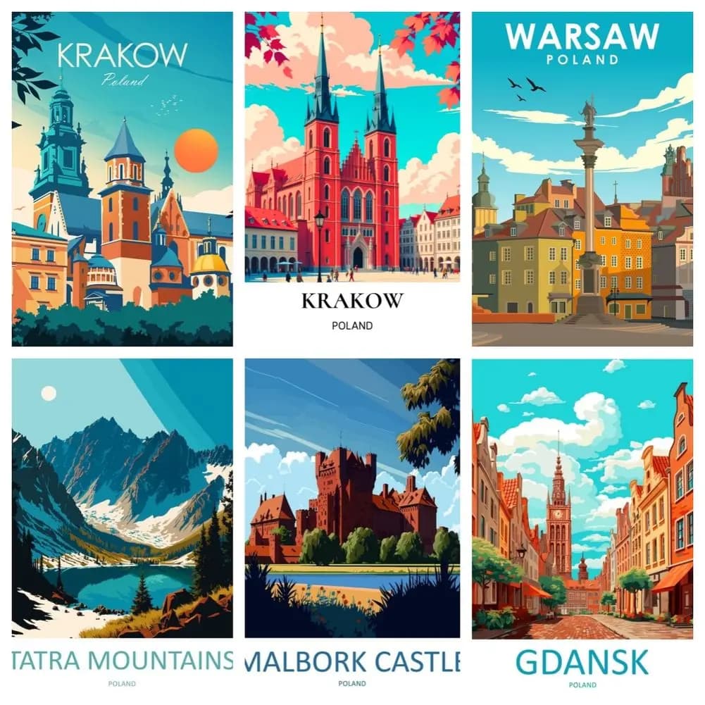 Poster di viaggio a Cracovia, Polonia, pittura con diamanti rotondi, con strass quadrati, fatta a mano, scena di strada di Varsavia, arte per le vacanze