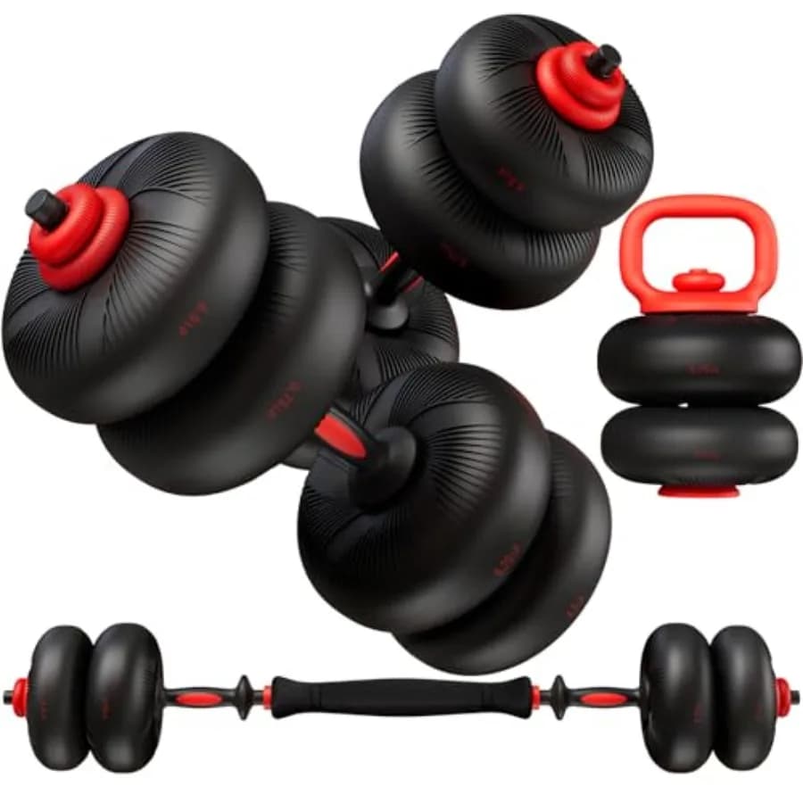 Set di Manubri Regolabili Rivestiti in PVC Morbido 45 libbre 67 libbre, Pesi Liberi per Palestra Domestica, 4-in-1: Bilanciere, Manubri, Kettlebell, Dischi Pesi