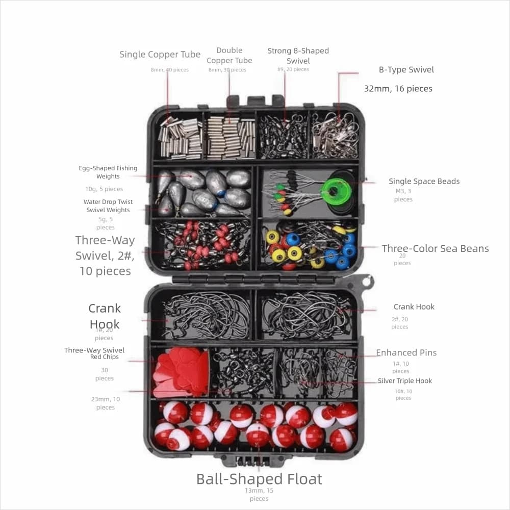 Kit of fishing gear with ball floats Hand crank hooks Kit of fishing parts to the spherical float with box Set of fishing accessories