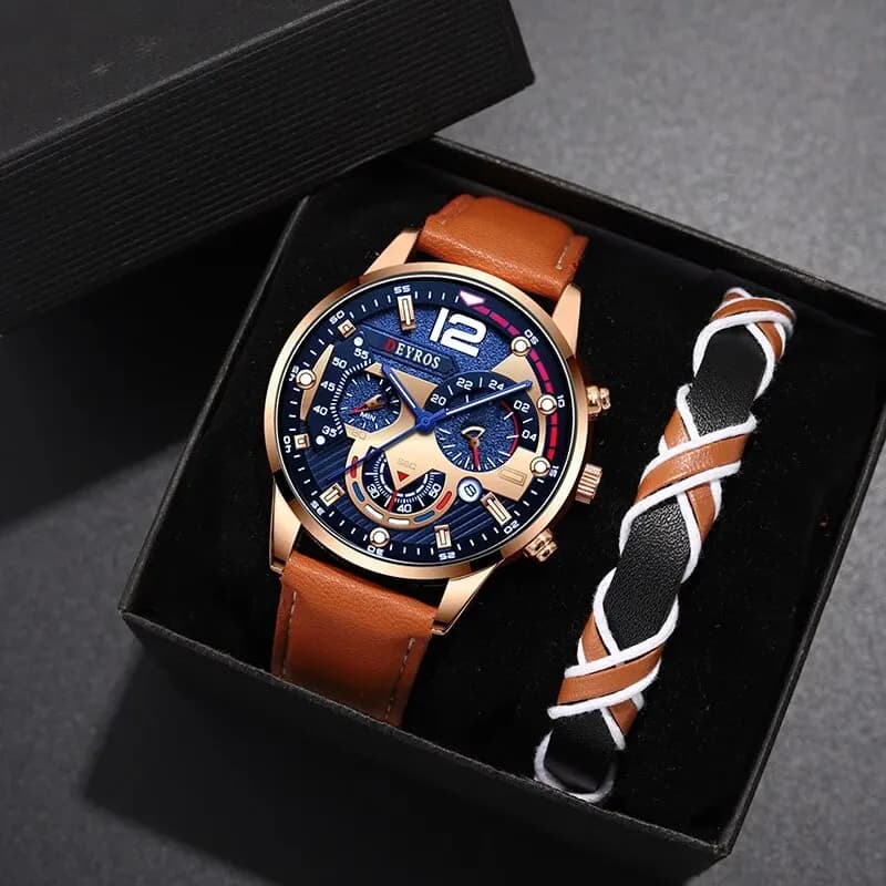 2PCS Set Fashion Mens Calendar orologi Luxury Male Business Casual orologio al quarzo in pelle marrone orologio da polso da uomo con bracciale