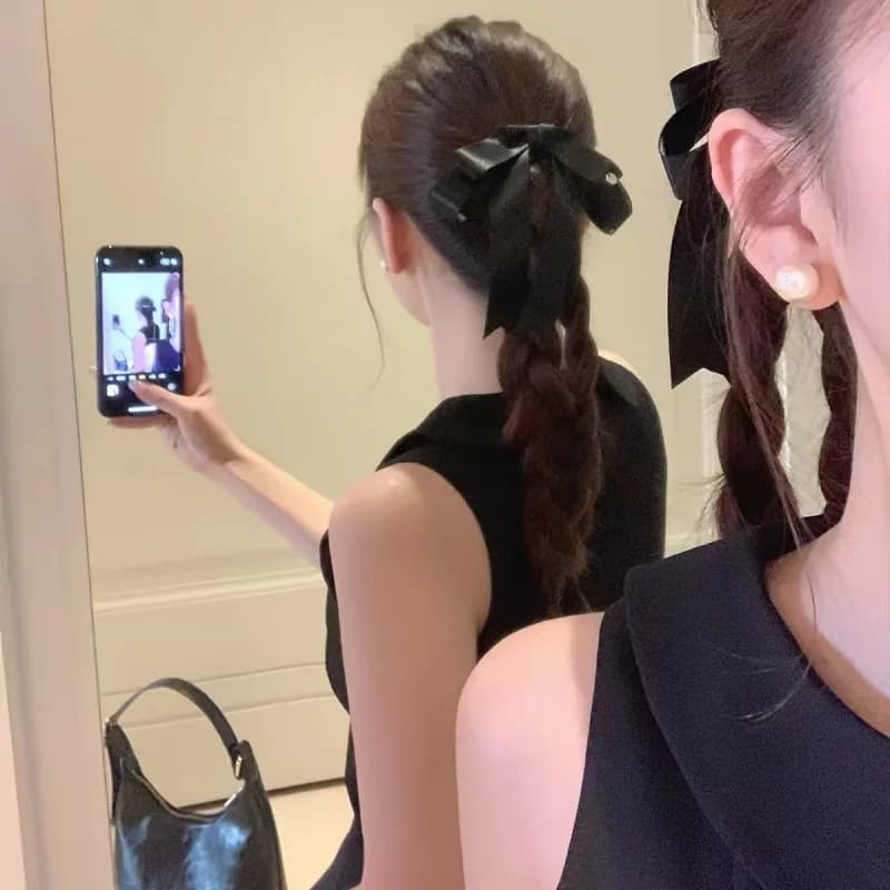 Eleganti fermagli per capelli in raso con fiocco, neri, stile francese, a molla, per l'attaccatura dei capelli, fermagli vintage per bambini, accessori moda quotidiani