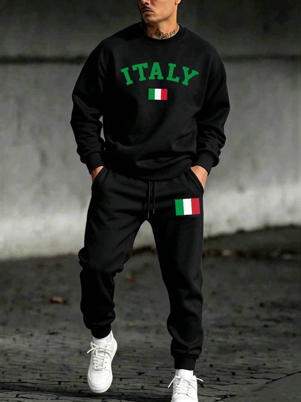 2 Pcs Pullover Set Mens Italy Flag Letter Printing Sweatpants Casual Loose Fleece Warm Hoody Sporty Pants Winter Pocket Clothes