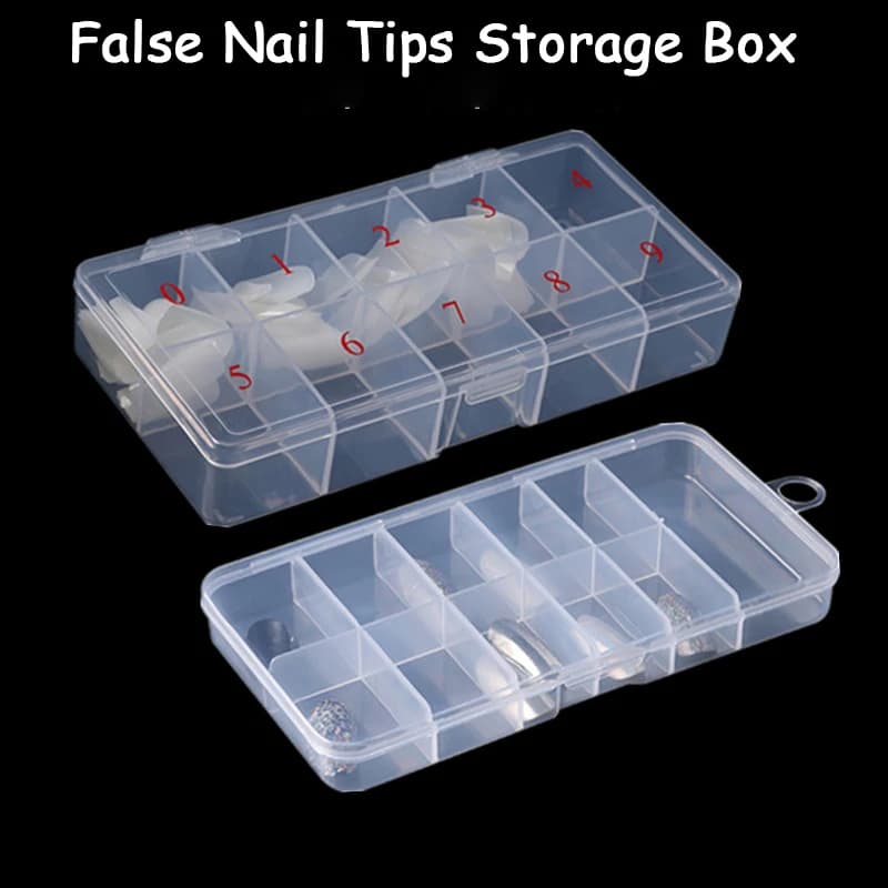 1 empty box for nail tips, storage box for organizer, 10 grids, transparent container for crystals/jewels, plastic nail tips box