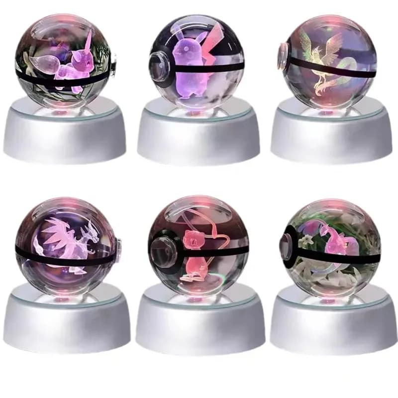 3D Pokemon Crystal Ball Mewtwo Pikachu Gengar Crystal Glass Pokemon Ball Pokeball Figure Night Light LED Lamp Base Gift