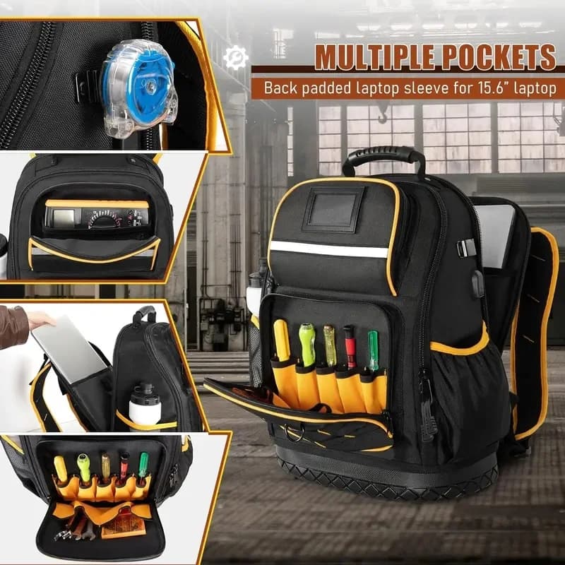 Multifunctional Tools Backpack with Hard Bottom and a Tool Pouch Heavy Duty Tool Bag Multiple Pockets Laptop Sleeve