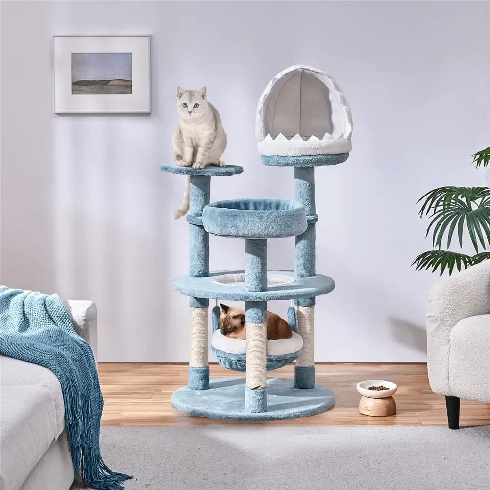 Tiragraffi per Gatti a Tema Oceano, Altezza 45,5 cm, Multilivello, in Peluche, con 3 Postazioni