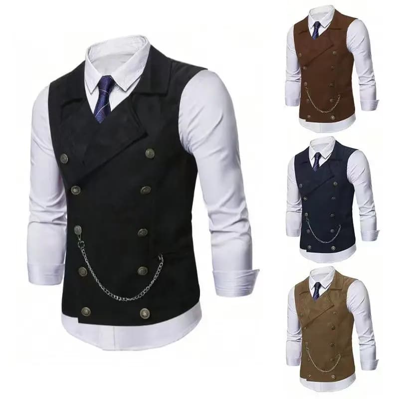Men's Double Breasted Vest with Chain, Formal Business Waistcoat, Multi-Color Office Wedding Sleeveless Jacket