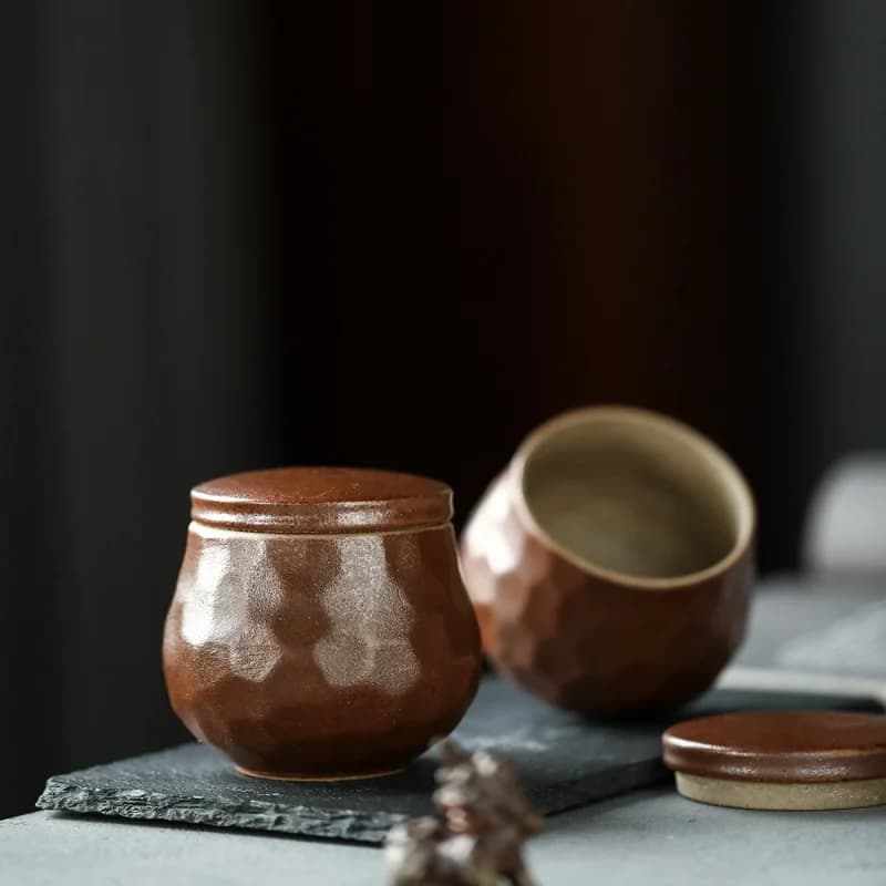 Mr. Qing Japanese Style Coarse Pottery Tea Pot Hammer Pattern Ceramic Storage Tank Pu'er Tea Sealed Pot Household Dried Fruit Te