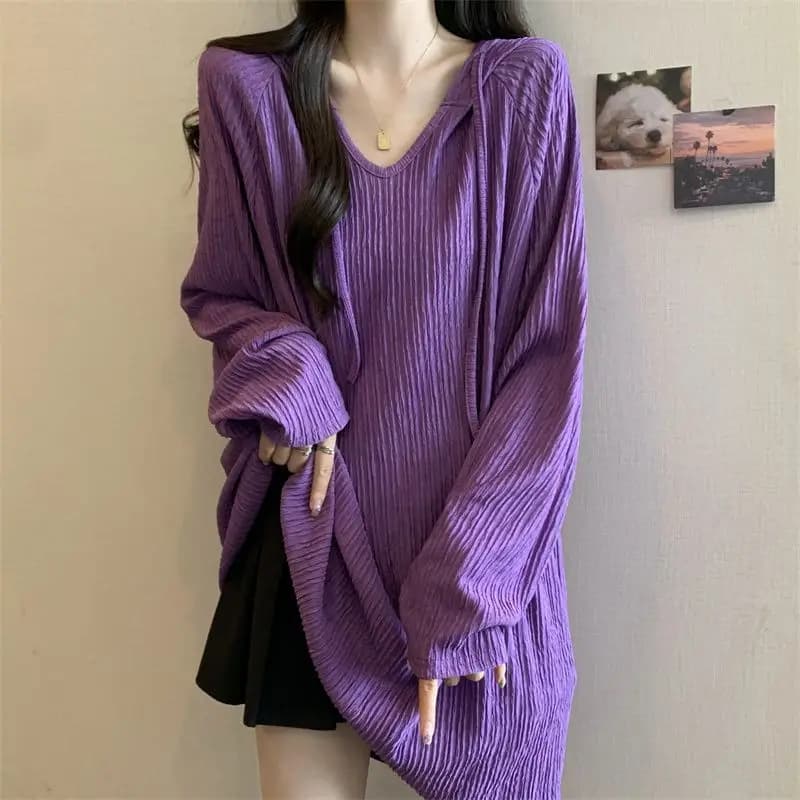 T-shirt con cappuccio oversize casual semplice alla moda da donna T-shirt coreana con scollo a V solido a maniche lunghe T-shirt chic testurizzate Abbigliamento femminile