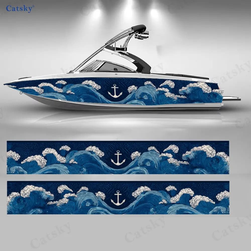 Adesivi Ukiyo-e con Motivo Onda e Ancora, Decalcomanie in Vinile PVC Impermeabili e Durevoli per Barche da Pesca, Design Resistente ed Elegante