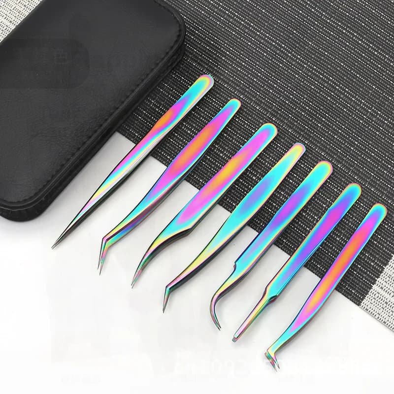 Reinforced Stainless Steel Eyelash Grips Set - Seven Pieces Kit for Fin Eyelash Application, Colored Titanium Clip for Feather Eyelash