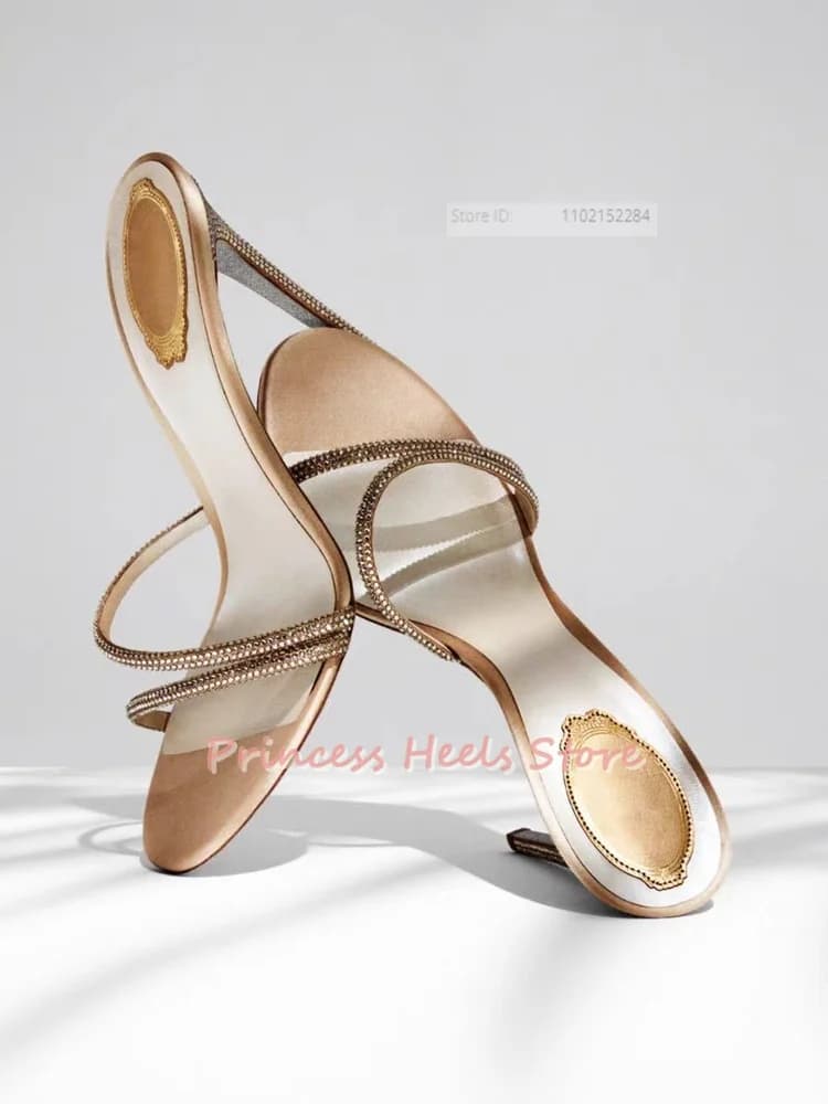 Sandali con strass a punta aperta, tacco a spillo, tinta unita, nuovo stile estivo, slip-on alla caviglia, scarpe da donna di design alla moda