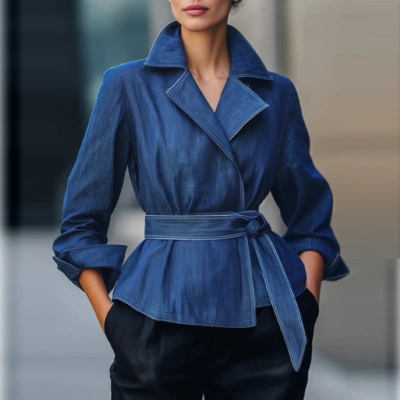 Fashion Jeans Jacket Autumn Spring 2026 for Women, Long Sleeves, Vintage Style Blue, Casual with Belt
