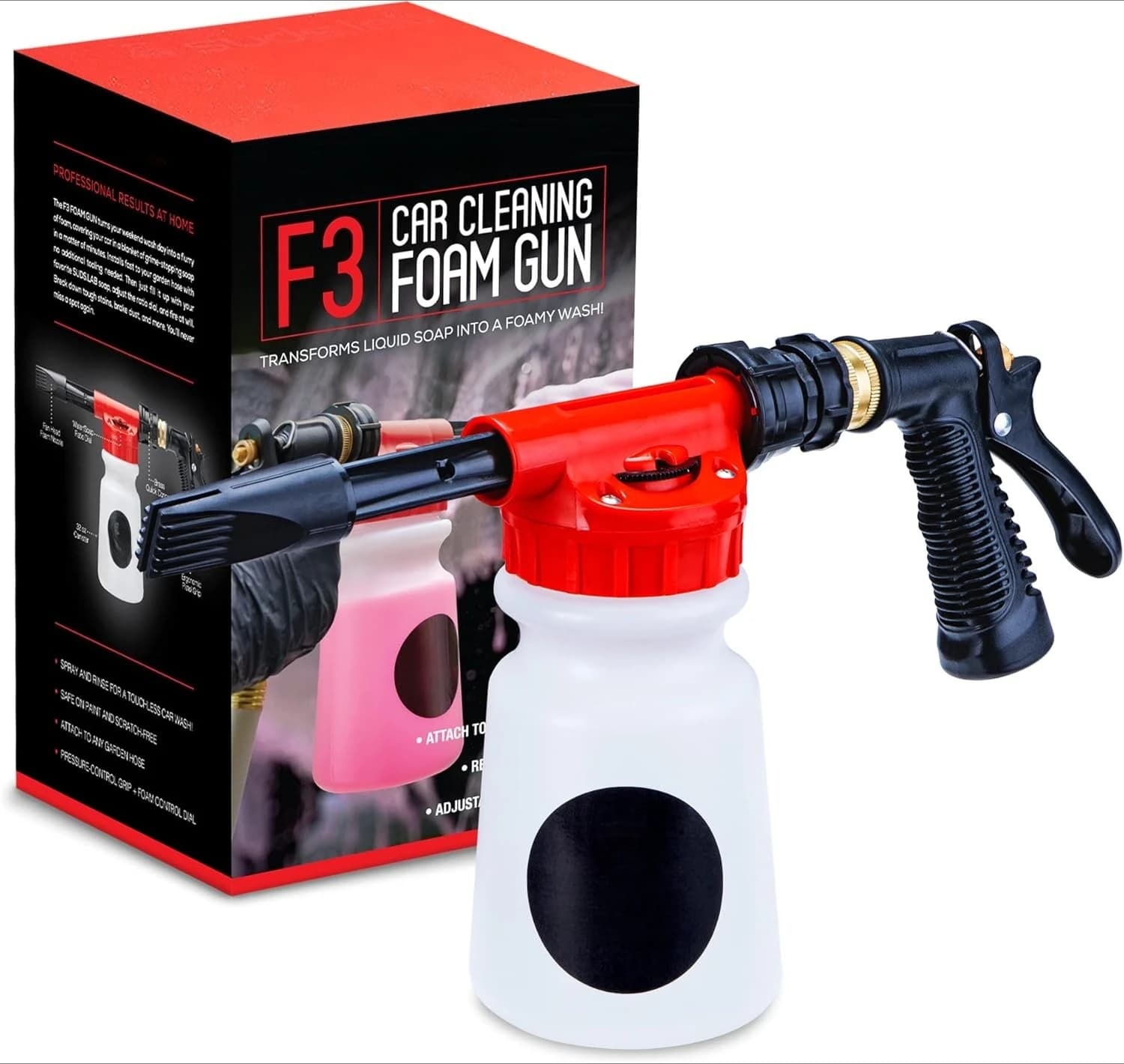 Schiumogenous battery for cleaning the car, adjustable foam nozzle, connects to any garden hose, cleans dirt and dust, home car washing