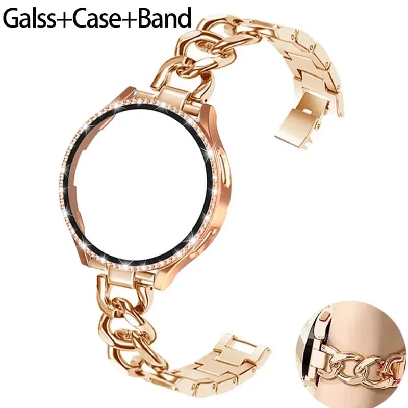 Custodia Bling + Bracciale per Samsung Galaxy Watch 7 6 5 4 40 44mm Cinturino in metallo con catena da cowboy Proteggi schermo Galaxy Watch 4 5 6 7Band