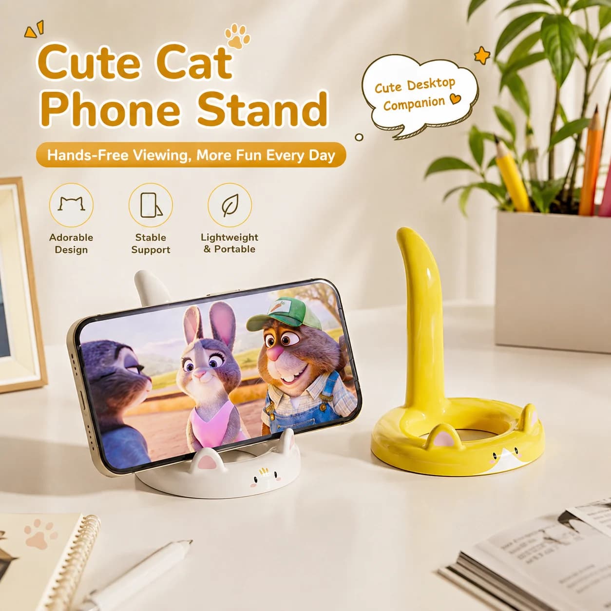 Multi-Device Cat Stand for Desk, Desktop Phone Holder for Video Calls, Compatible Tablet Rack for Hands-Free Binge-Watching