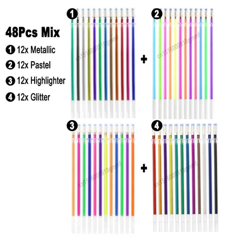 48Pcs Set Neon Color Glitter Metallic Highlighter Pastel Gel Pen Refill Rod cartuccia 0.8mm Tip per Art Sketch Graffiti Drawing