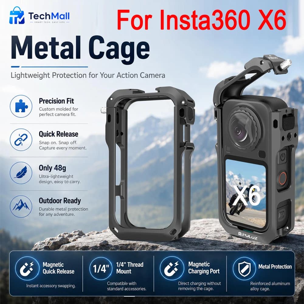 PULUZ X6 Metal Cage Camera Housing Frame For Insta360 X6 Action Camera Cold Shoe Mount Magnetic Base Support X6 Selfie Stick