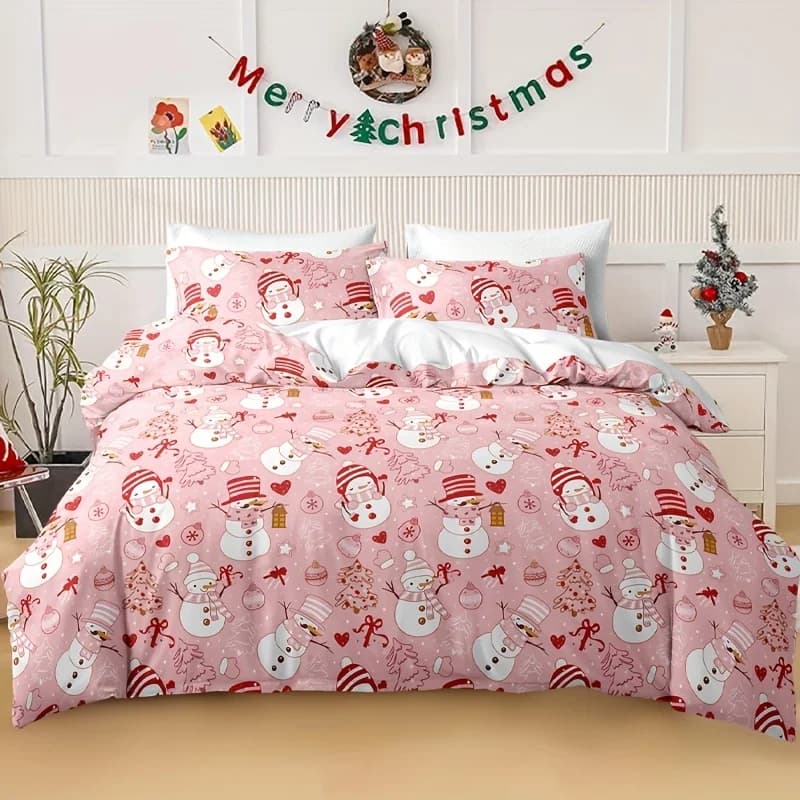 [Regalo di Natale] Set copripiumino natalizio con pupazzo di neve da 3 pezzi - Poliestere morbido, chiusura con zip, regalo di Natale lavabile in lavatrice