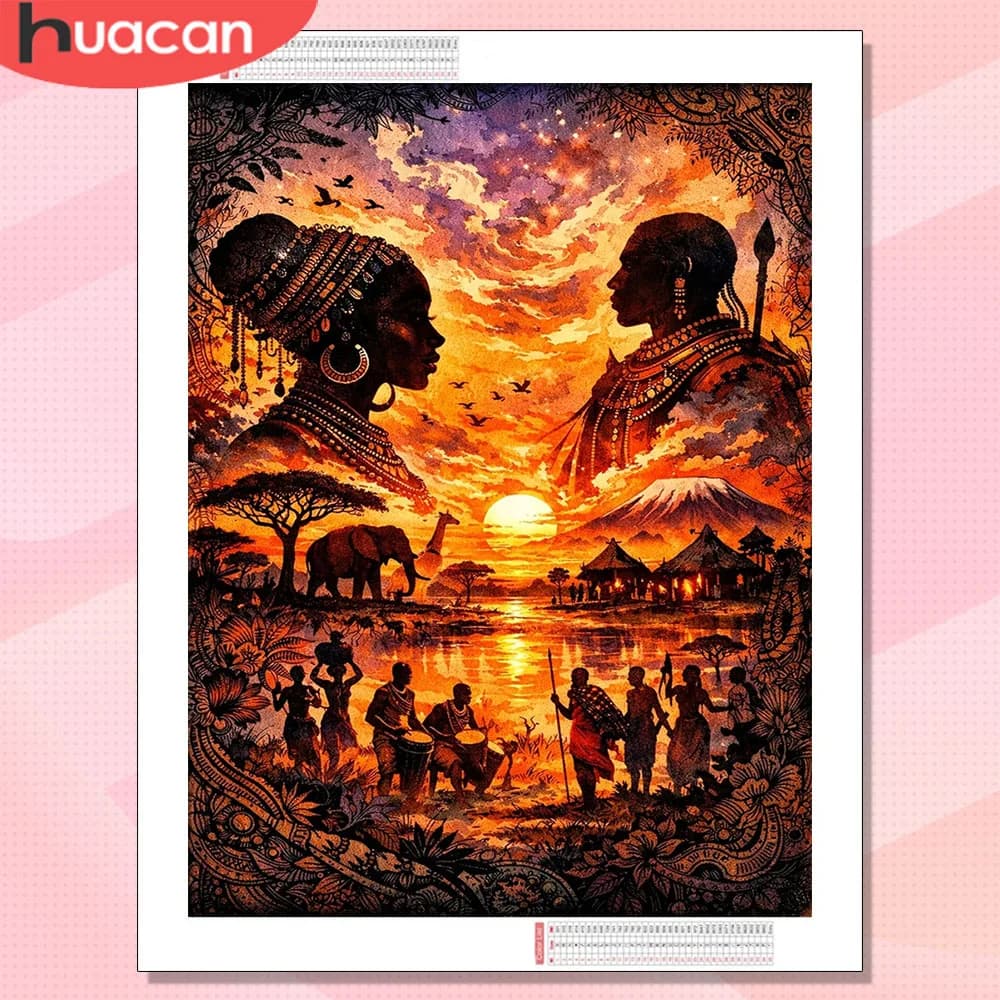 HUACAN Diamond Mosaic Novelties 2026 Ritratto di Donne Indiane e Africane al Tramonto, Pittura Diamantata, Foratura Completa Quadrata e Rotonda