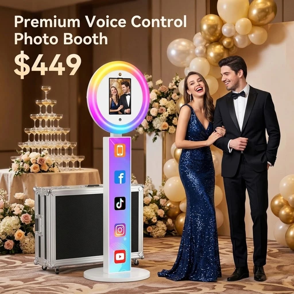 Macchina portatile per photo booth per iPad con controllo tramite APP/telecomando, supporto per selfie con luce ad anello RGB per eventi nuziali, logo gratuito con custodia.