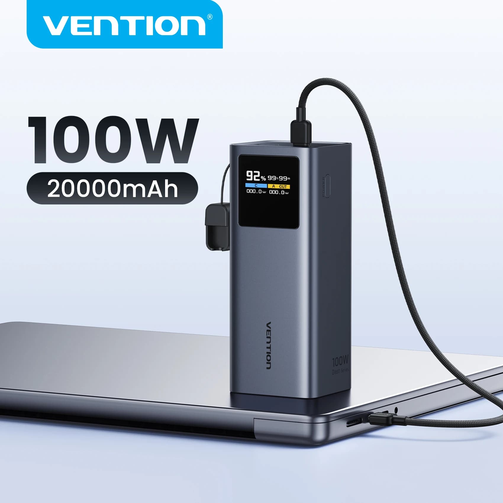 Vention 20000mAh 100W USB-C fast charging detachable Power Bank Smart TFT Screen, Compact Portable, for Xiaomi iPhone 16 15