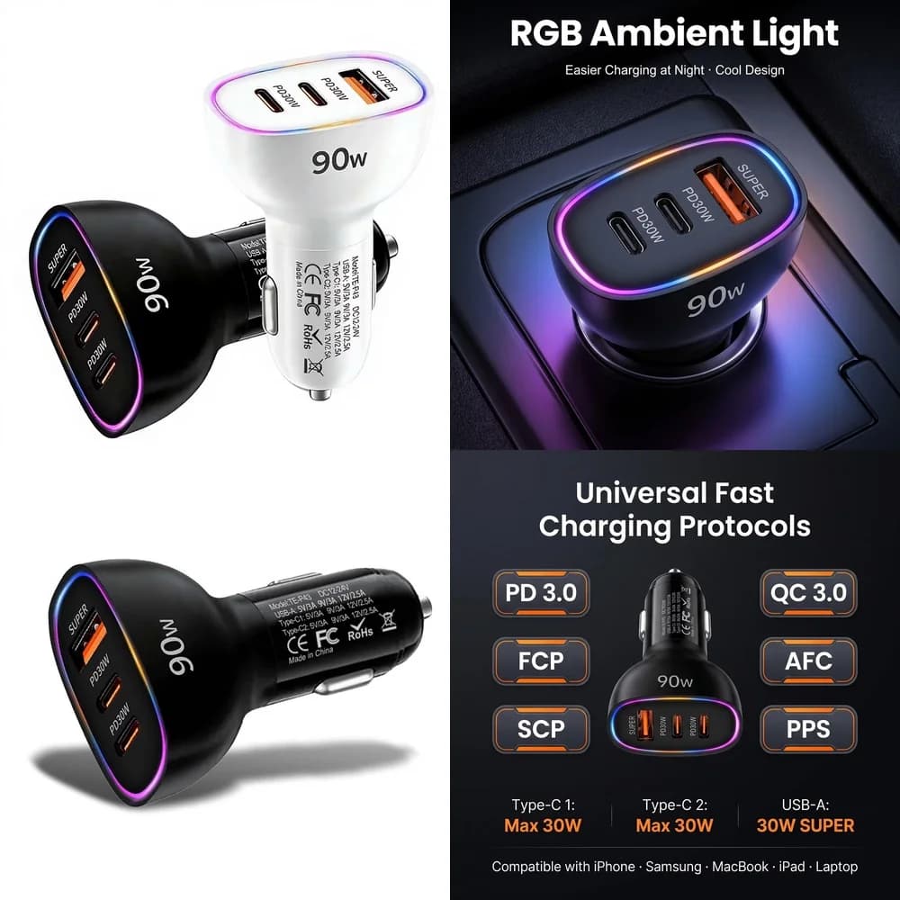 90W Total Output Car Charger Multi Port Dual PD 30W Type C USB A 30W Super Fast Charging Adapter for Laptop Phone RGB Light