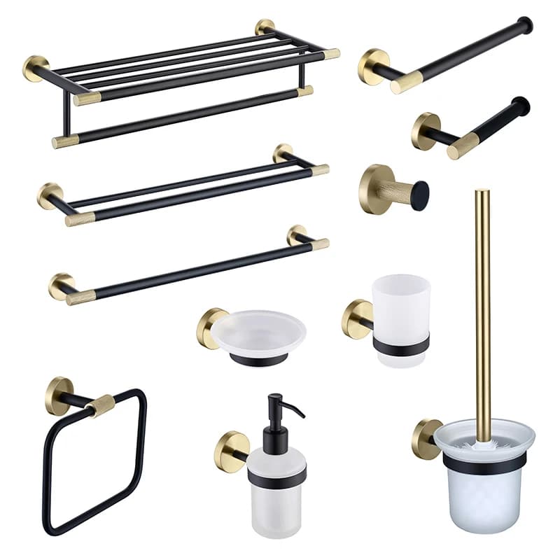 Brushed Gold & Black Towel Rack Toilet Brush Soap Dish Tissue Holder Towel Bar Cup Holder Stainless Steel Bathroom Accessories