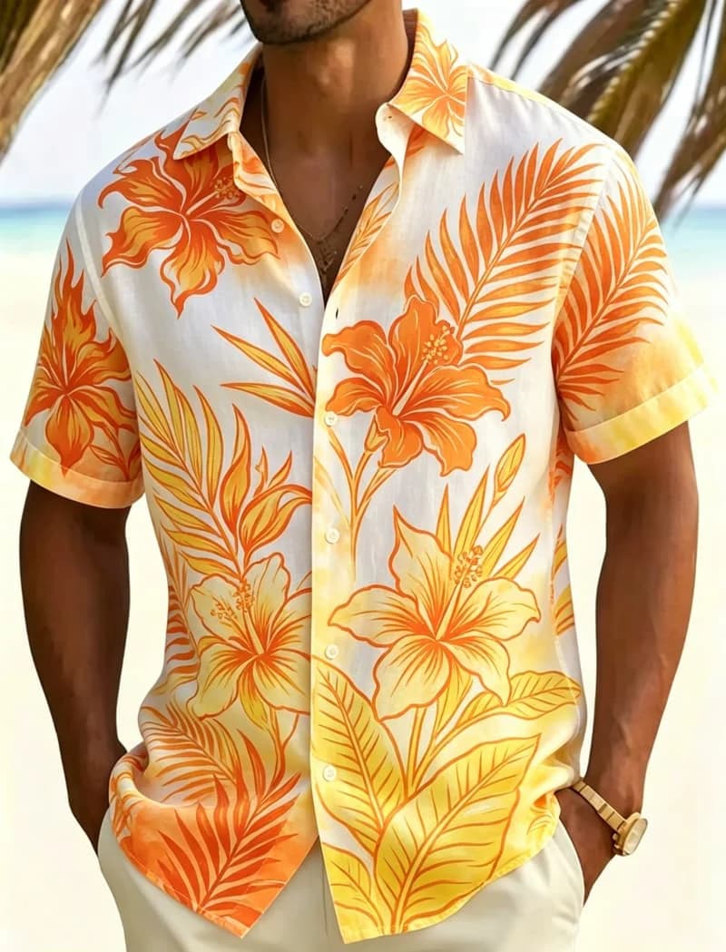 Men's Watercolor Tropical Floral And Leaf Print Casual Shirt,Breathable Top For Summer Casual Gathering And Daily Basic Wear