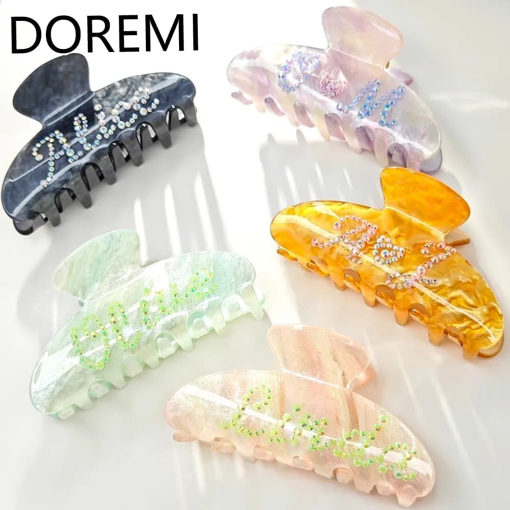 Forcine per capelli personalizzate in cristallo DOREMI Lettera brillante Clip per capelli con nome personalizzato su un lato Clip per squalo