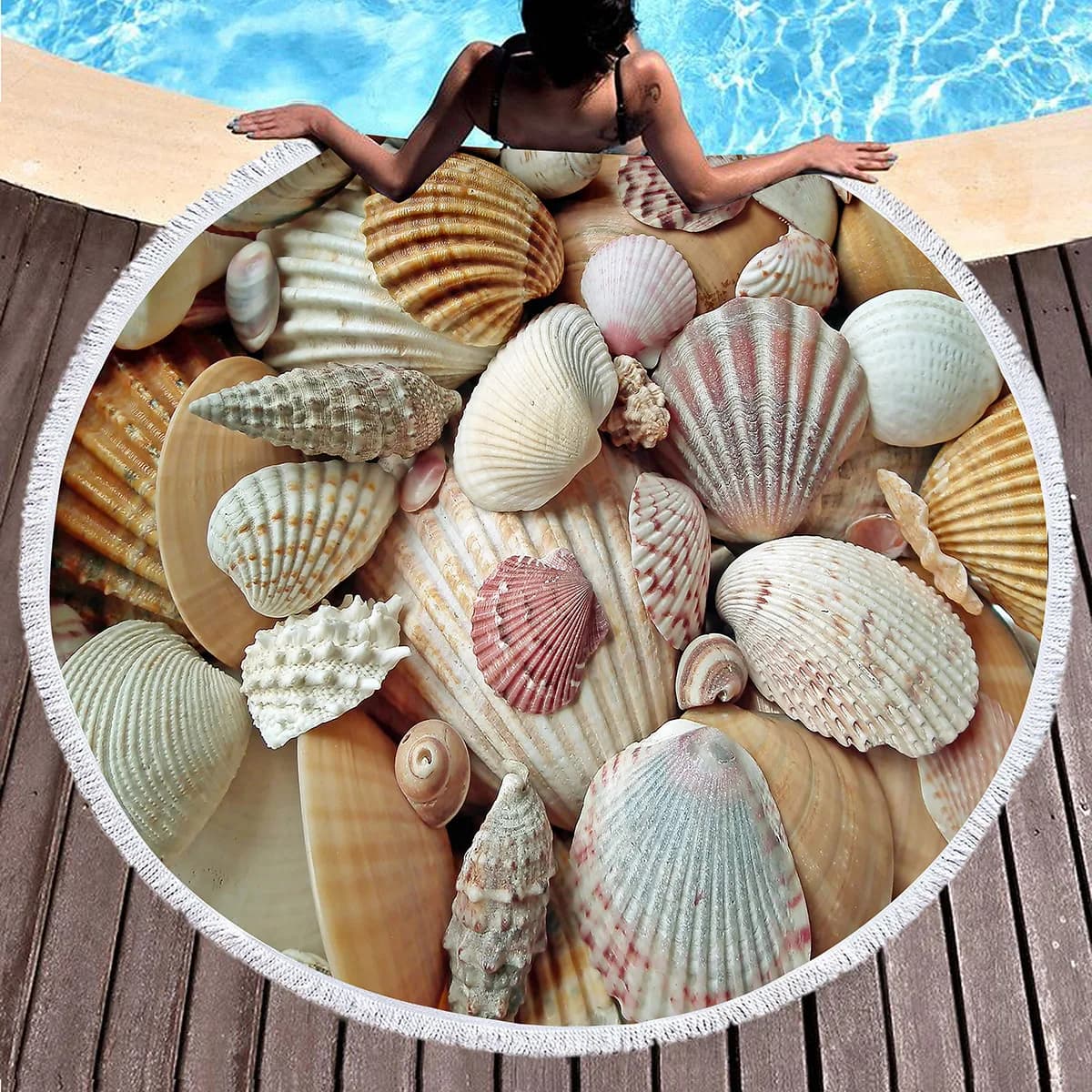 Telo Mare Rotondo con Stampa Conchiglie e Stelle Marine in Microfibra Assorbente ad Asciugatura Rapida, Coperta Circolare per Piscina, Campeggio, Viaggi, Bagno