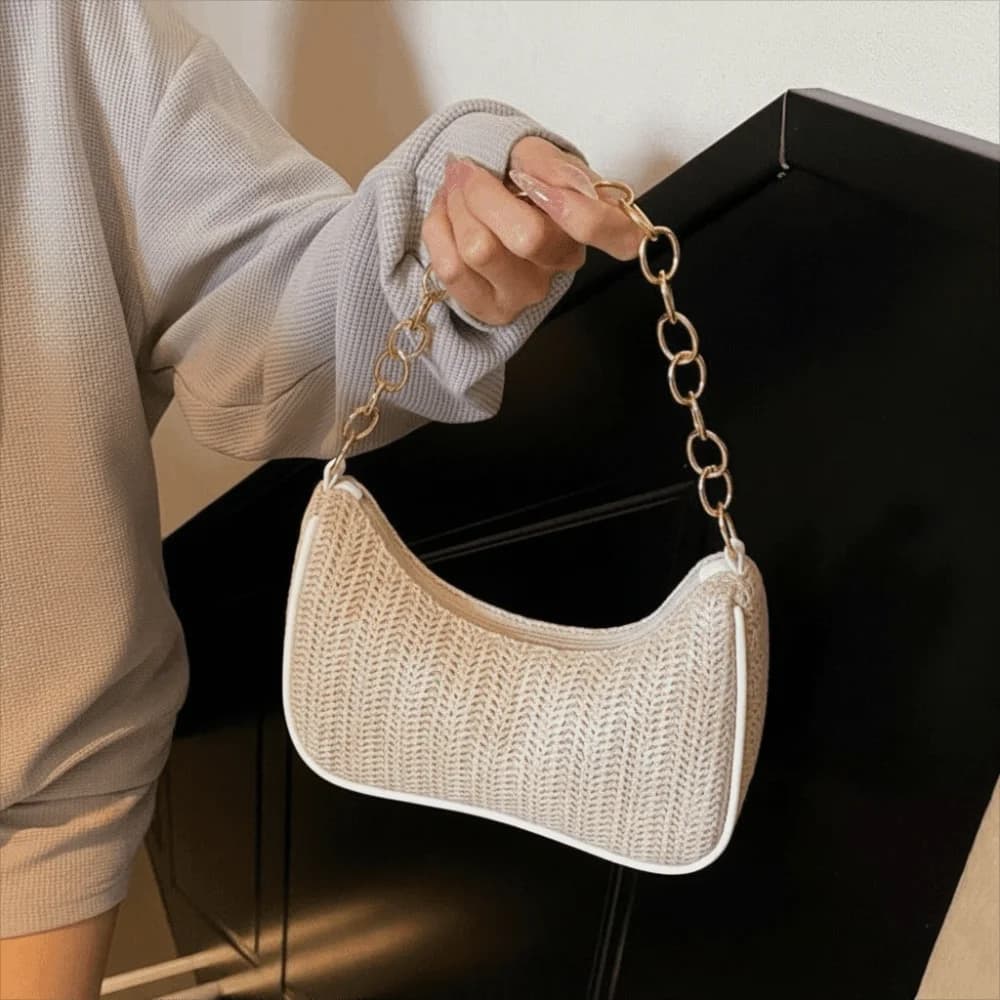 Casual Bohemien Shoulder Bag in Paglia, Shoulder Bag Square in Braided Unit Tint, Cellular Pouche with Chain, Women's Beach Bag