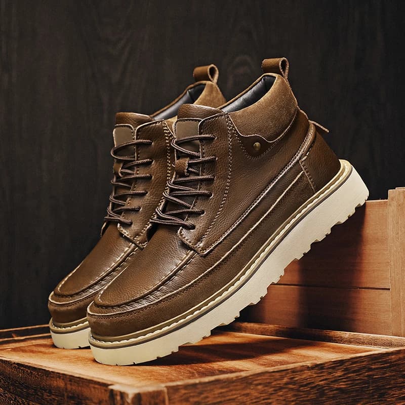 Men Brown Fleece Lined Warm High Ankle Work Boots Lace Up Chunky Lug Sole Retro Winter Outdoor Daily Walking Casual Ankle Shoes