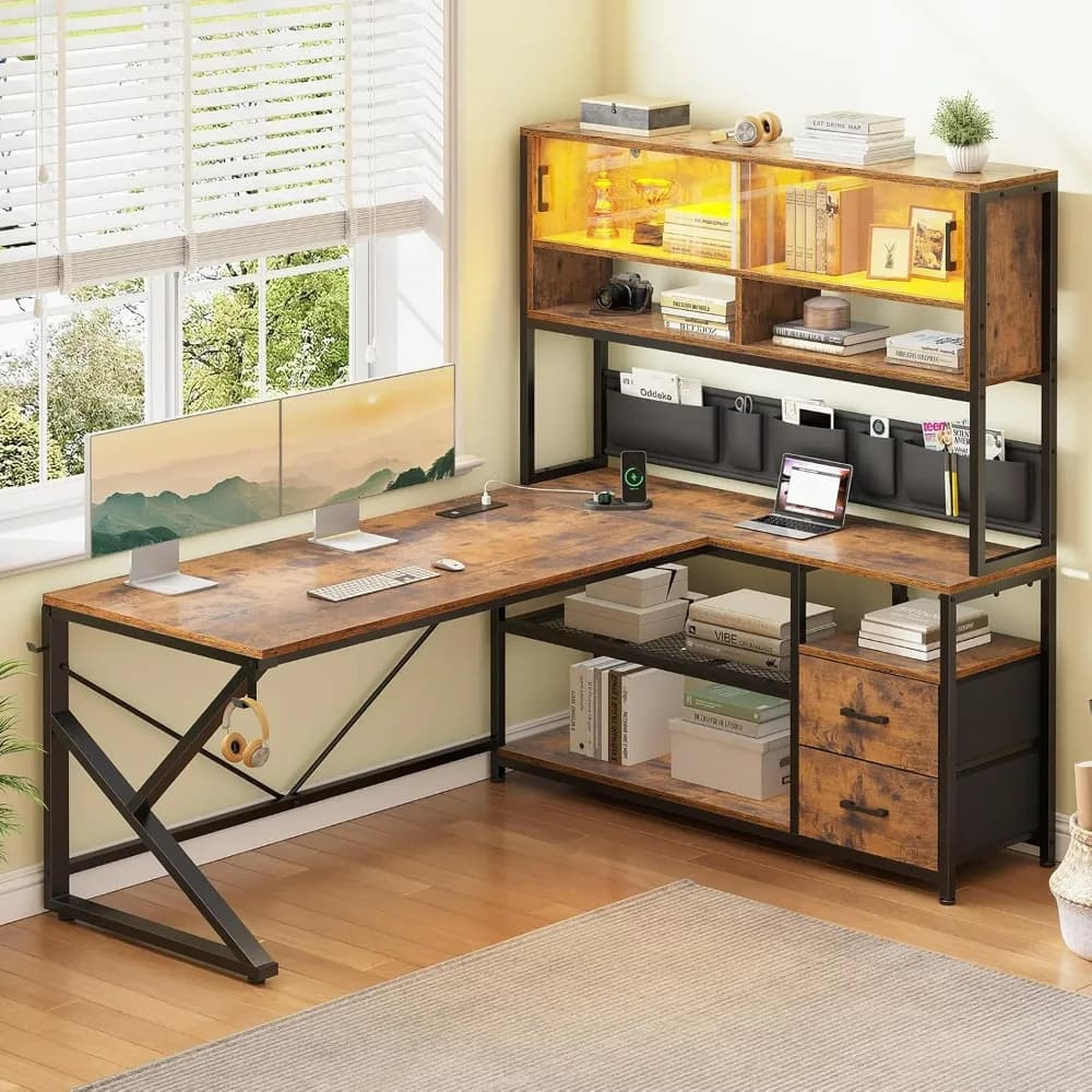 Scrivania per Computer, Scrivania da Ufficio Domestico con 2 Cassetti e Libreria, Scrivania da Gaming a L con Luce LED, Vetrina in Vetro e St*