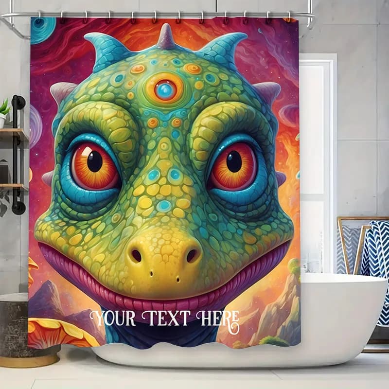 Tenda da doccia con drago vibrante, testo personalizzato per l'arredamento del bagno, copertura per tappetino da bagno con stampa artistica fantasia multicolore