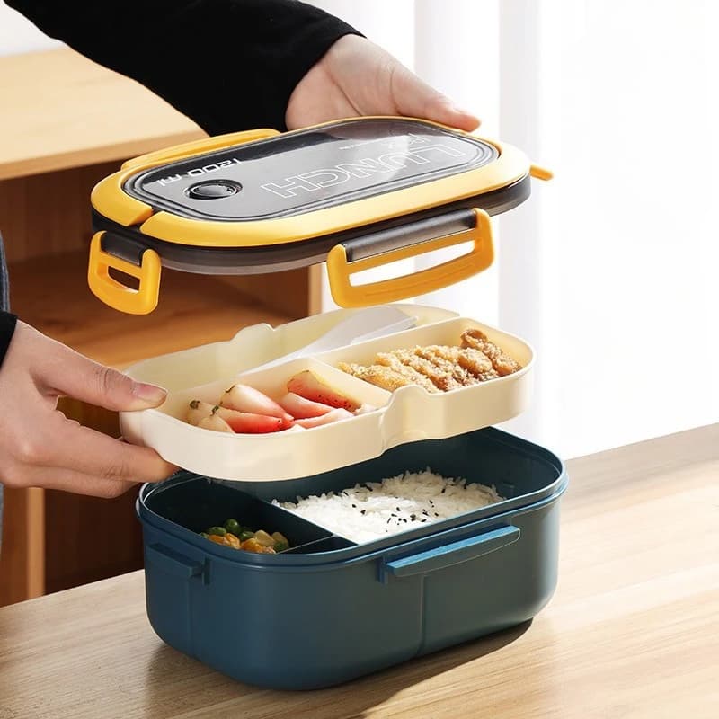 Contenitore per Pranzo da 1,2L Adatto al Microonde, Scatola Bento a Doppio Strato in Plastica con Forchetta e Cucchiaio, Portatile per Scuola e Ufficio