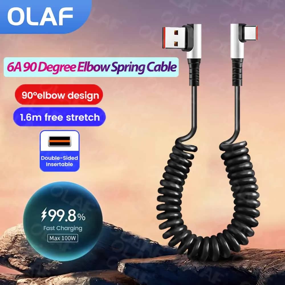 Cavo a molla USB tipo C a gomito da 90 gradi 6A Cavo dati retrattile da 1,6 M da tipo C a tipo C per iPhone Xiaomi Samsung Cavo per auto da gioco