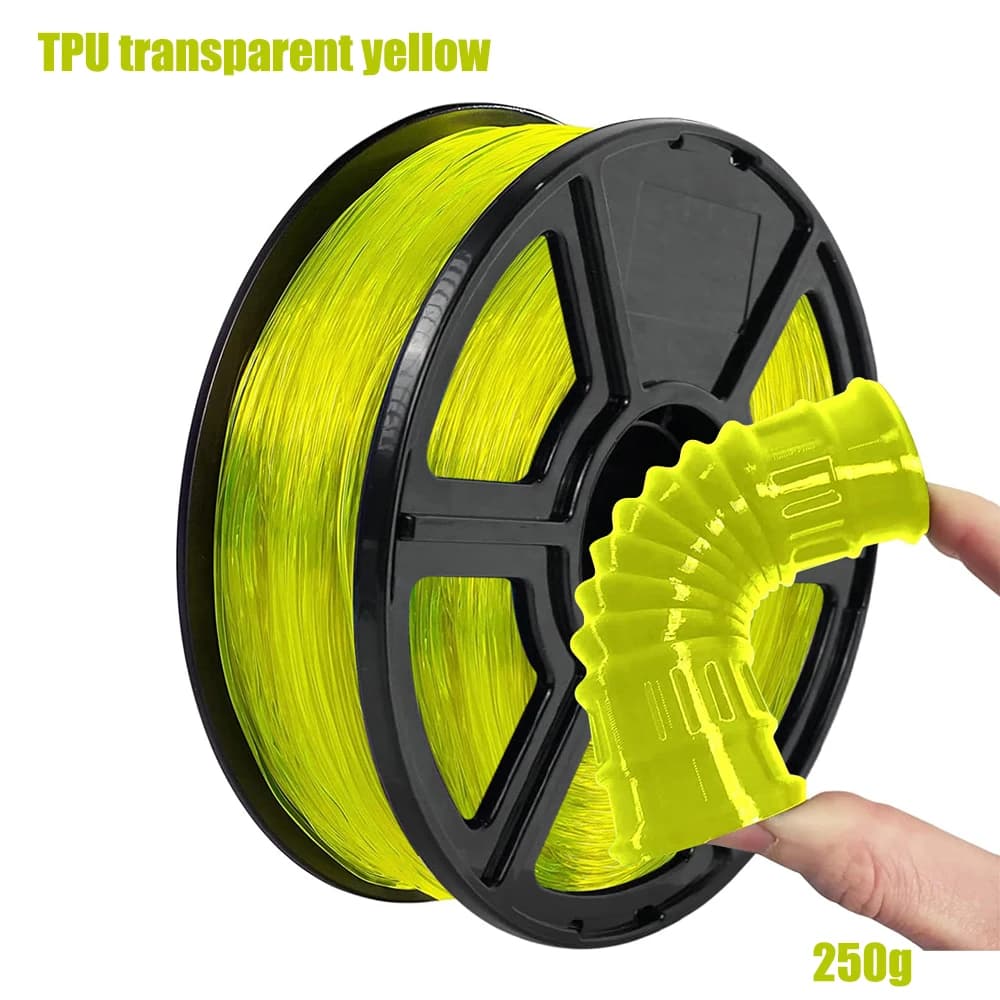 Flexible 3D Printer Filament TPU 1,75 mm +/- 0.03 mm transparent yellow, coil 95 A 250 g (0.55 pounds)